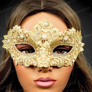 Masquerade Ball Mask Gold with lace and pearls